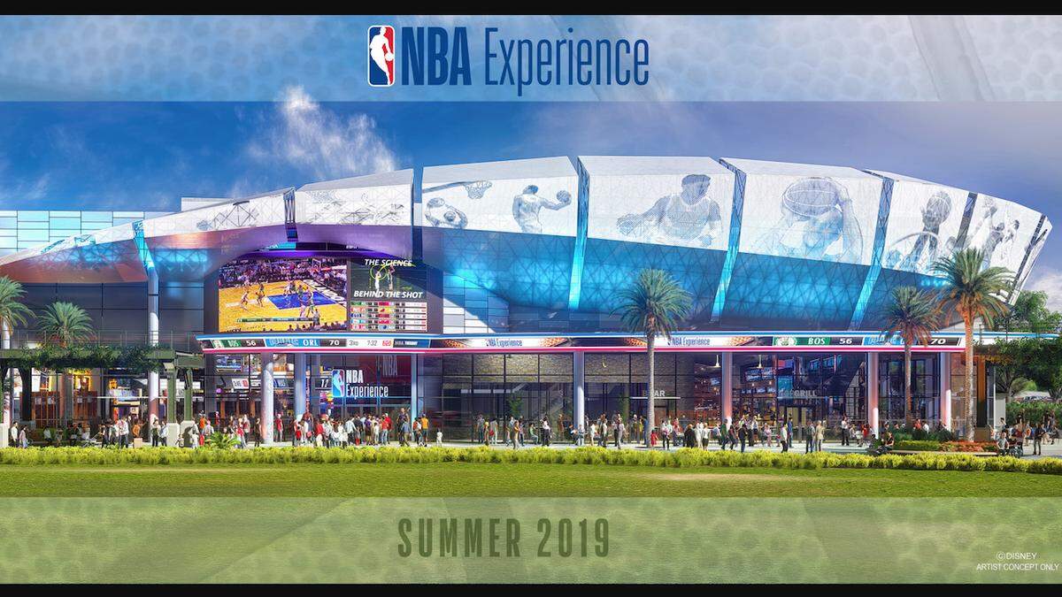 Rendering of the NBA Experience, inspired by the modern architecture of new NBA arenas around the country, will feature immersive NBA video productions and numerous interactive experiences. It is scheduled to open Aug. 12.