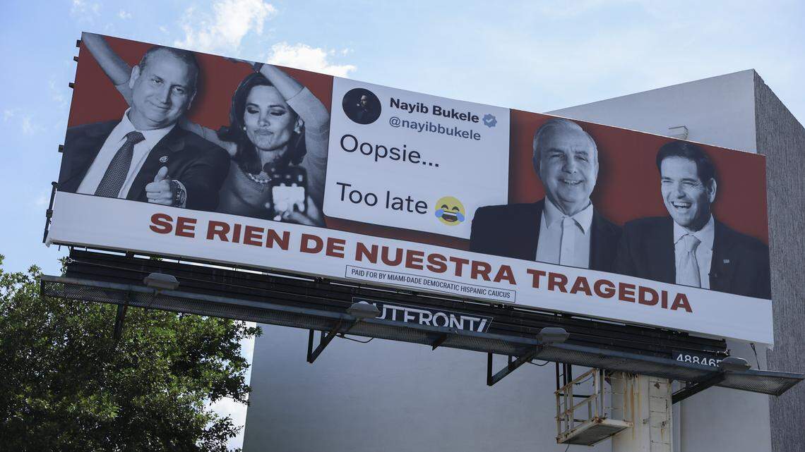 A billboard in Spanish, 'Se Rien De Nuestra Tradedia',  translates in English to 'They Laugh At Our Tragedy' on May 21, 2025 in Miami. The Miami-Dade Democratic Hispanic Caucus’ billboard and poster campaign targeted four local Republicans: Reps. Mario Diaz-Balart, Maria Elvira Salazar and Rep. Carlos Gimenez and Secretary of State Marco Rubio.