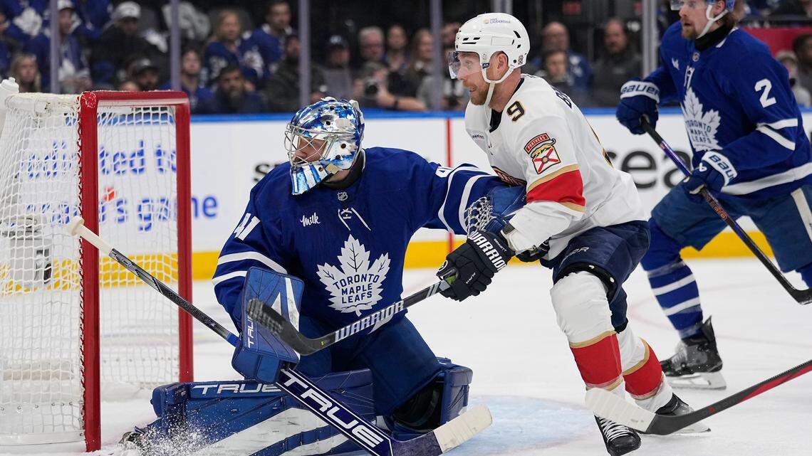 May 5, 2025; Toronto, Ontario, CAN; Toronto Maple Leafs goaltender Anthony Stolarz (41) and Florida Panthers forward Sam Bennett (9) battle for position in front of the goal during the second period of the second round of the 2025 Stanley Cup Playoffs at Scotiabank Arena.