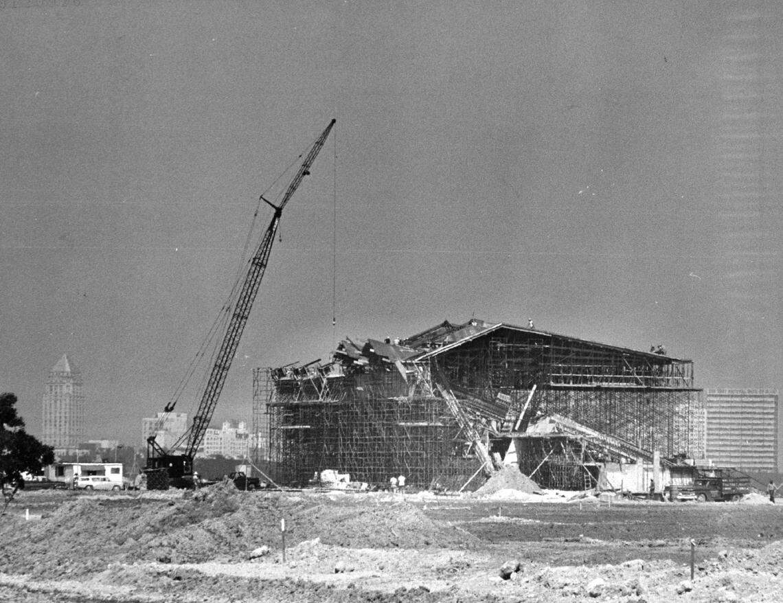 Contractors pour cement in 1963 for the new Miami Marine Stadium going up on Virginia Key off the Rickenbacker Causeway. Plans for the opening ceremony included opera on barges and city commissioners floating across the bay in swan boats.