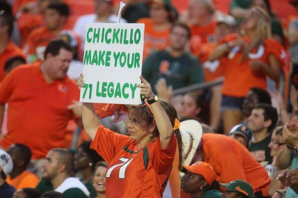 Fan gives support to Anthony Chickillo in the first quarter as the University of Miami Hurricanes play the Florida A&M Rattlers at Sun Life Stadium in Miami Gardens, Florida.