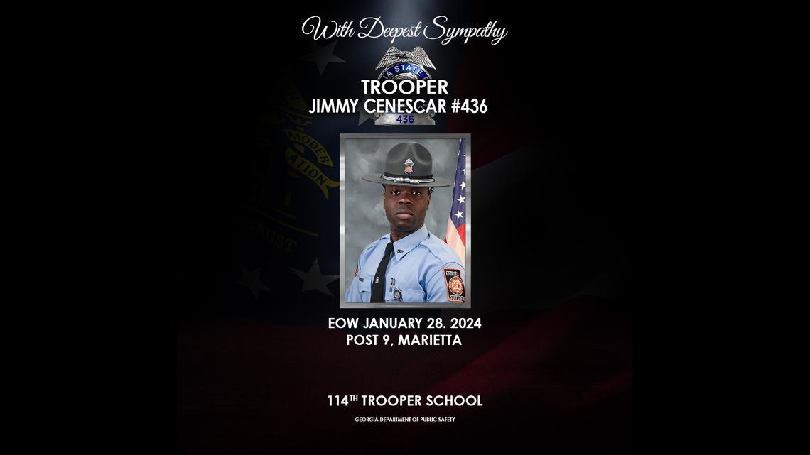 Georgia State Trooper Jimmy Cenescar was killed in a vehicle crash while on duty Jan. 28, according to the state’s Department of Public Safety.