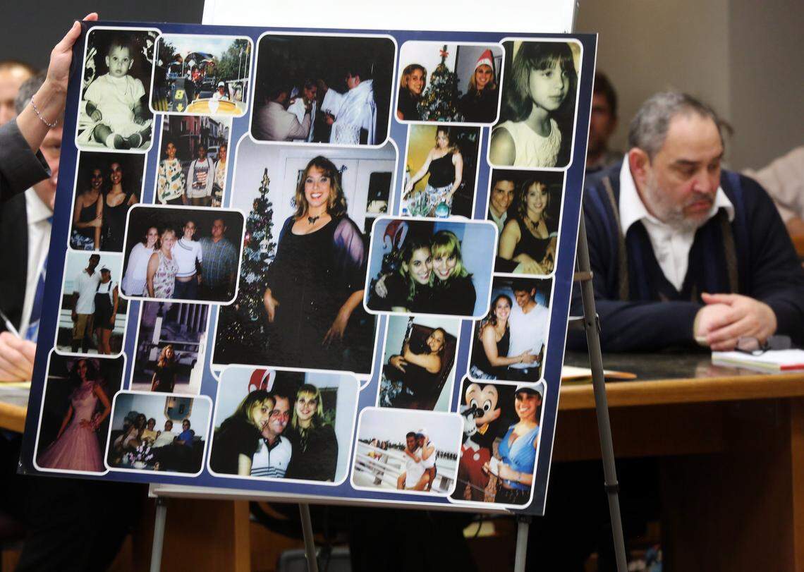 Rafael Andres, convicted of murdering waitress, Yvette Fariñas, in 2005, looks away from a collage of photographs of her placed on an easel by the prosecution, during the death penalty phase of his trial Monday, Dec. 15, 2104