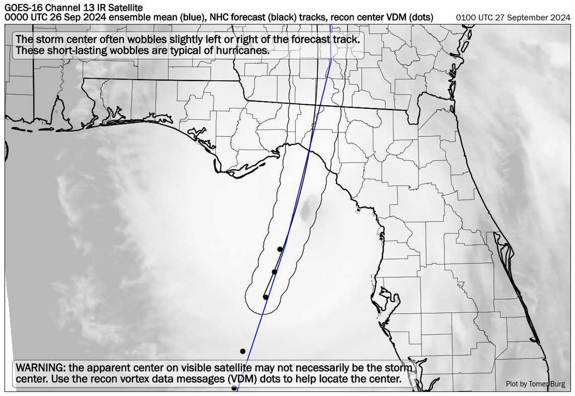 This graphic plots the confirmed center of Hurricane Helene as it moves toward Florida. It appears to be right on track with what the National Hurricane Center forecast.