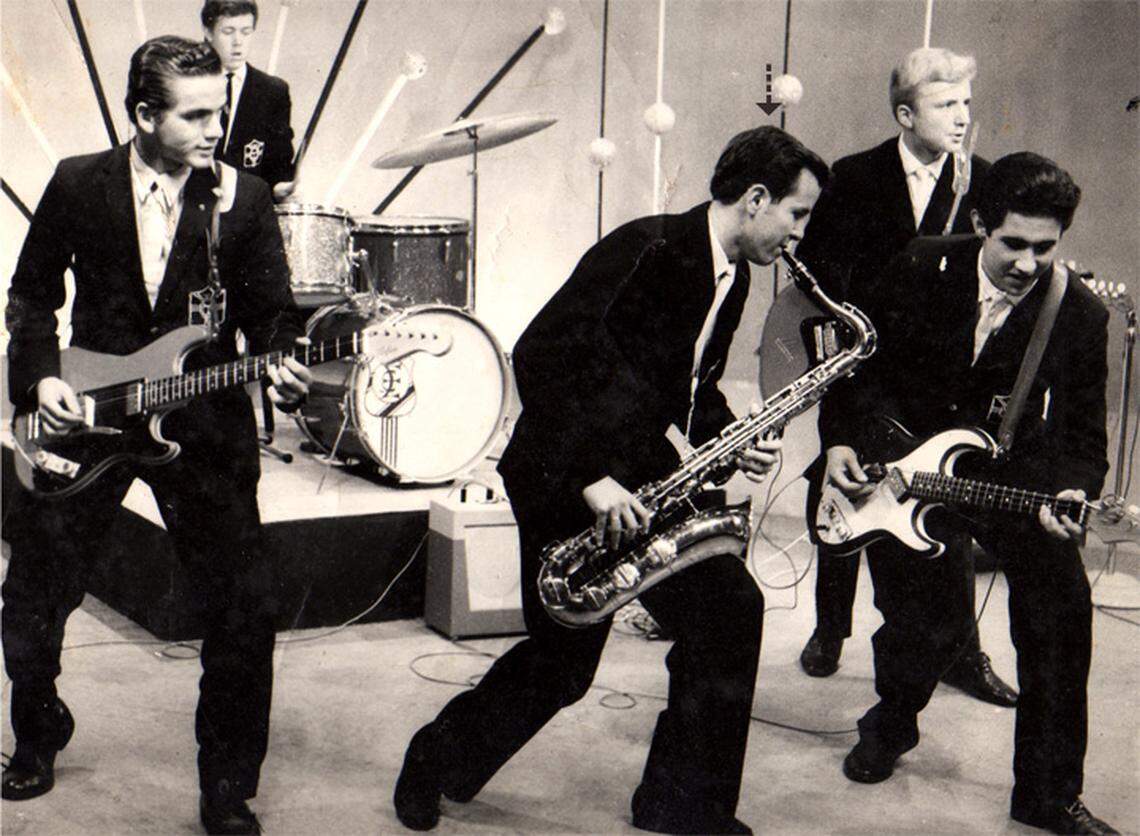 Luis Alva playing the saxophone with “Los Astoria Twisters” in the 1960s.
