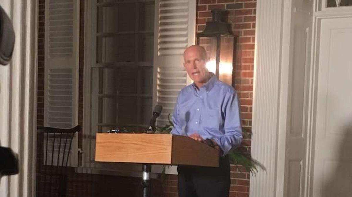 Gov. Rick Scott, speaking as Senate candidate Rick Scott, calls on the Florida Department of Law Enforcement to investigate the election process.  He chose the front porch of the Governor’s Mansion as the site to make his statement on the night of Thursday, Nov. 8, 2018, in Tallahassee.