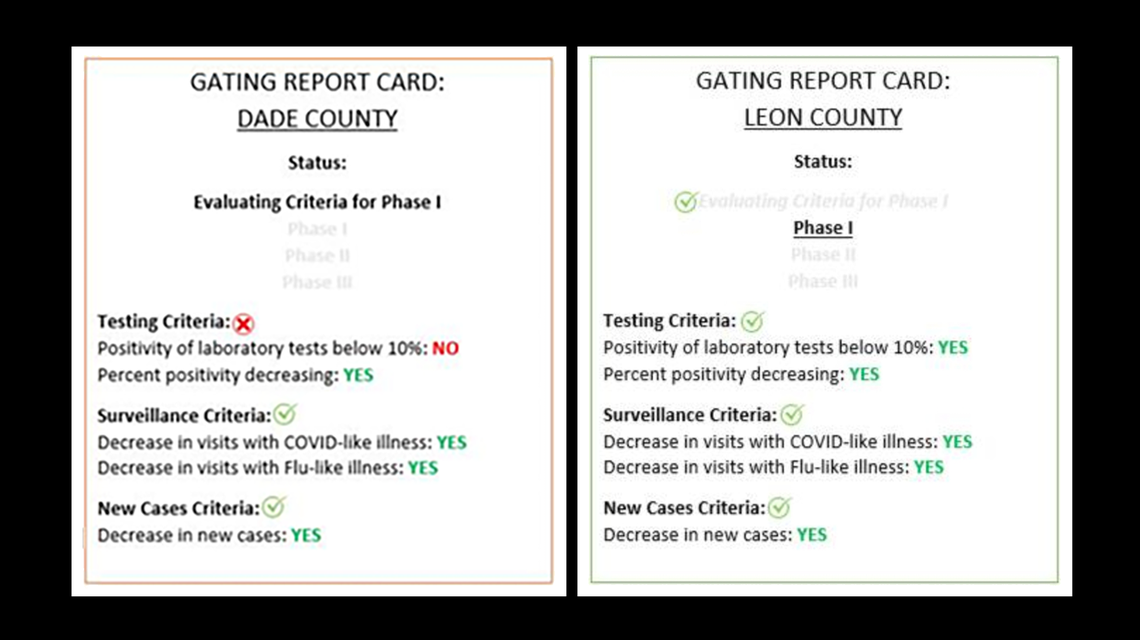 Draft ‘score cards’ developed by Rebekah Jones to show whether counties were meeting White House criteria for reopening as interpreted by DOH epidemiologists.