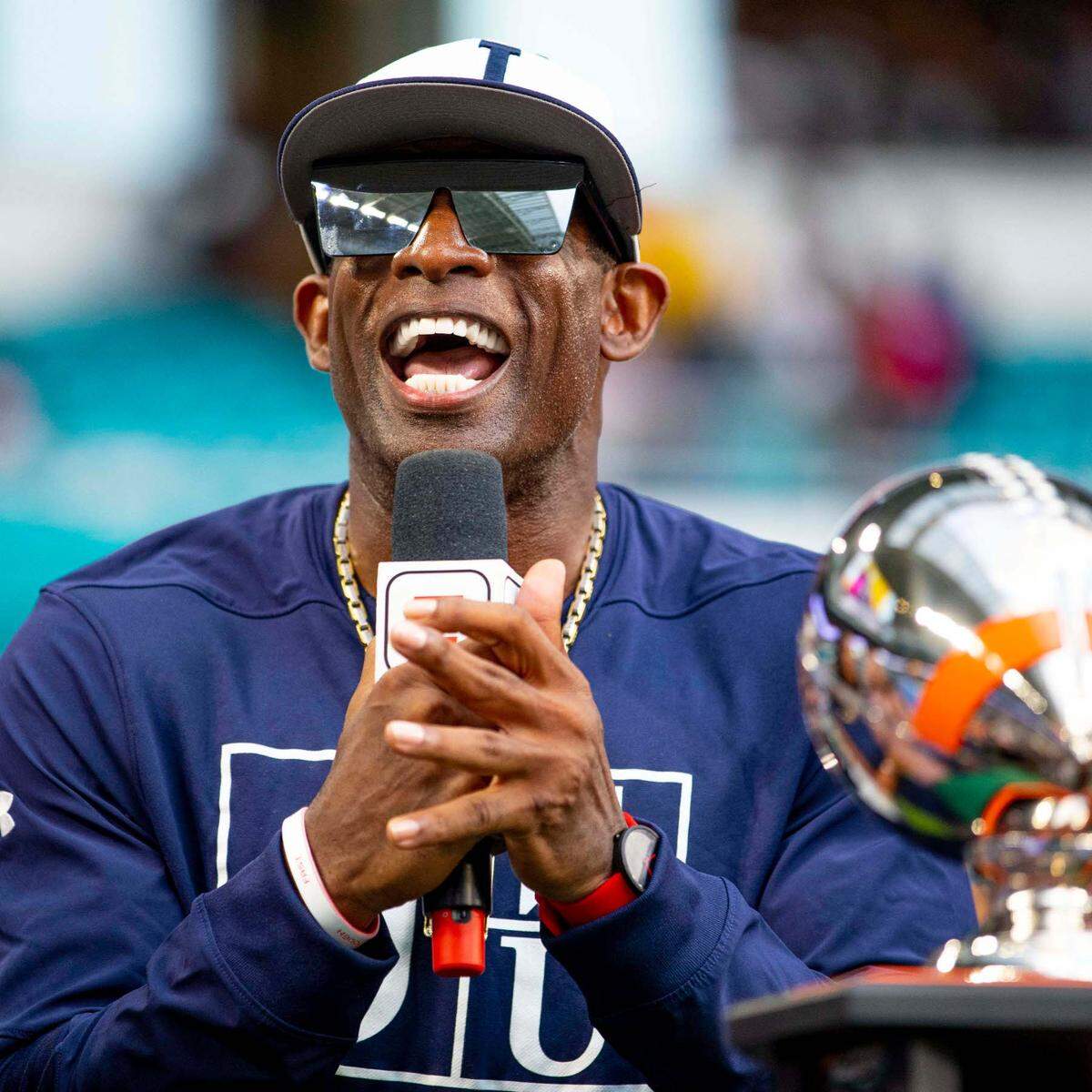Jackson State University Head Coach Deion Sanders speaks to the media and fans after defeating Florida A&M University 7-6 during the Orange Blossom Classic at Hard Rock Stadium in Miami Gardens, Florida, on Sunday, September 5, 2021.
