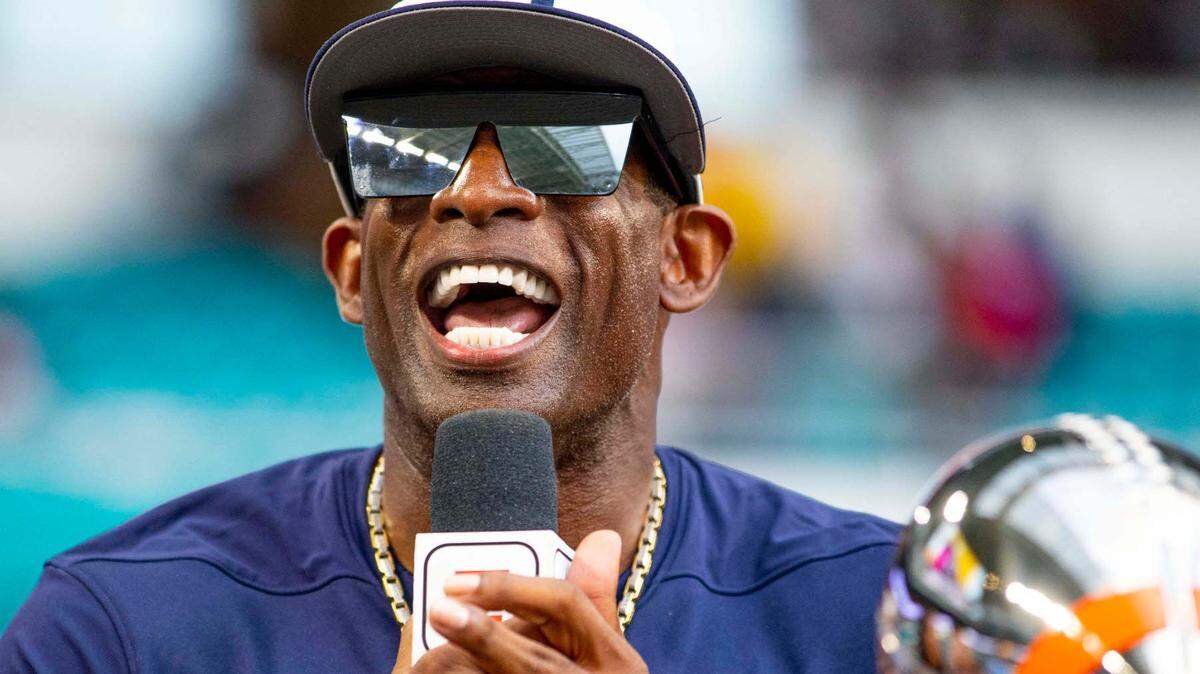 Jackson State University Head Coach Deion Sanders  speaks to the media and fans after defeating Florida A&M University 7-6 during the Orange Blossom Classic at Hard Rock Stadium in Miami Gardens, Florida, on Sunday, September 5, 2021.
