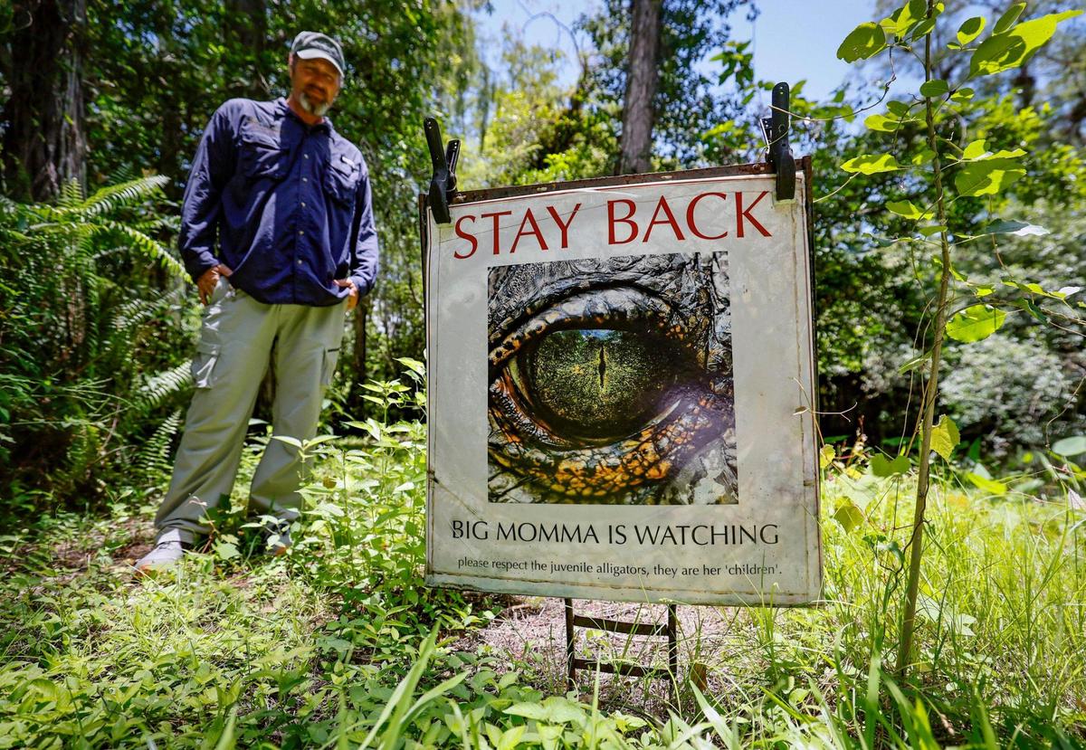 Scott Randolph, a resident artist at Clyde Butcher’s Big Cypress Gallery, walks by a warning sign about alligators in his yard. Randolph lives a few miles from immigration detention facility being built at the Dade-Collier Training and Transition Airport.