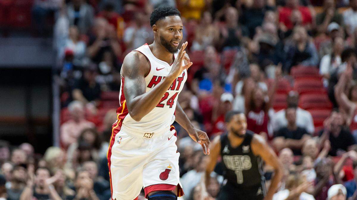 Miami Heat forward Haywood Highsmith (24) reacts after scoring against the Brooklyn Nets in the first quarter of an NBA game at Kaseya Center on Nov. 1, 2023, in Miami.