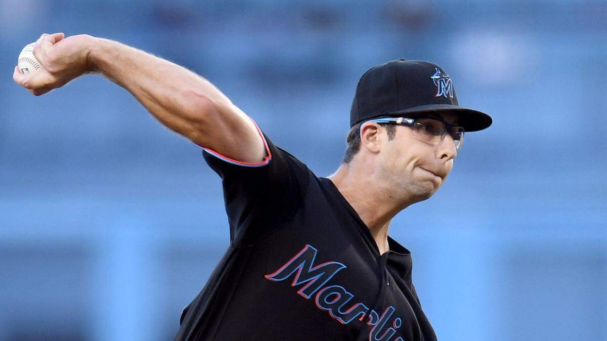 Zac Gallen of the Miami Marlins pitches against the Los Angeles Dodgers during the first inning at Dodger Stadium on July 19, 2019 in Los Angeles, California.