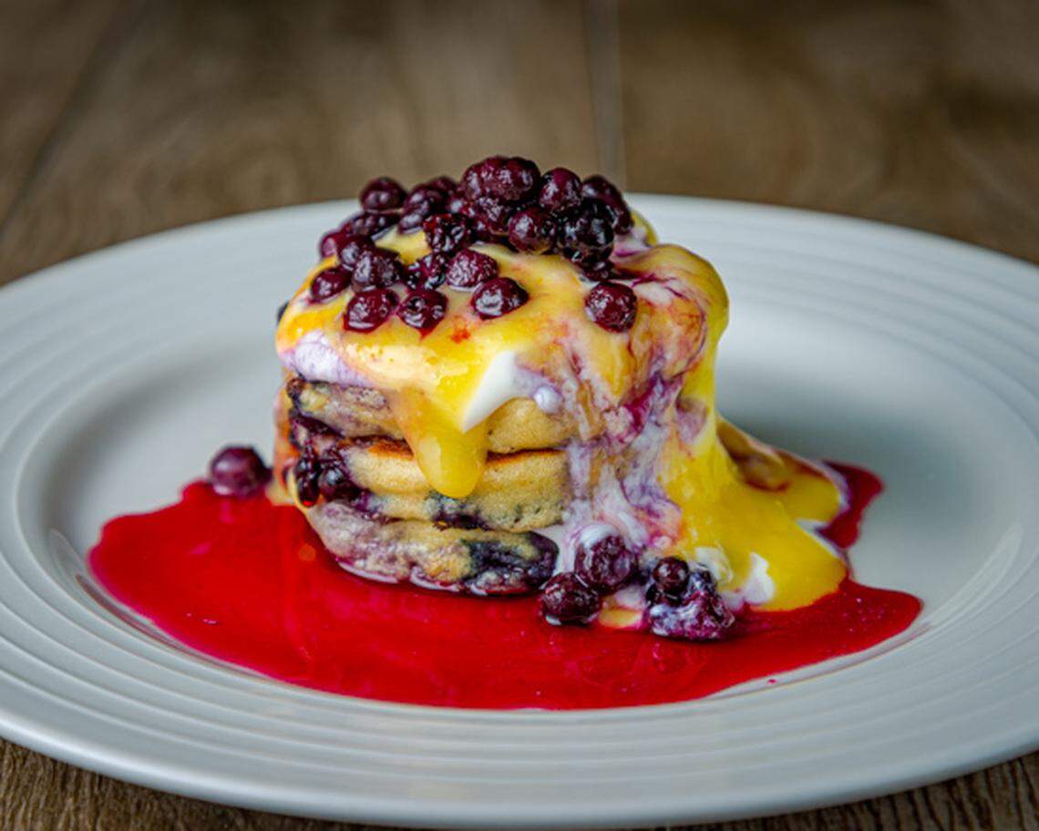 Lemon Curd & Blueberry pancakes at Jealous Fork.