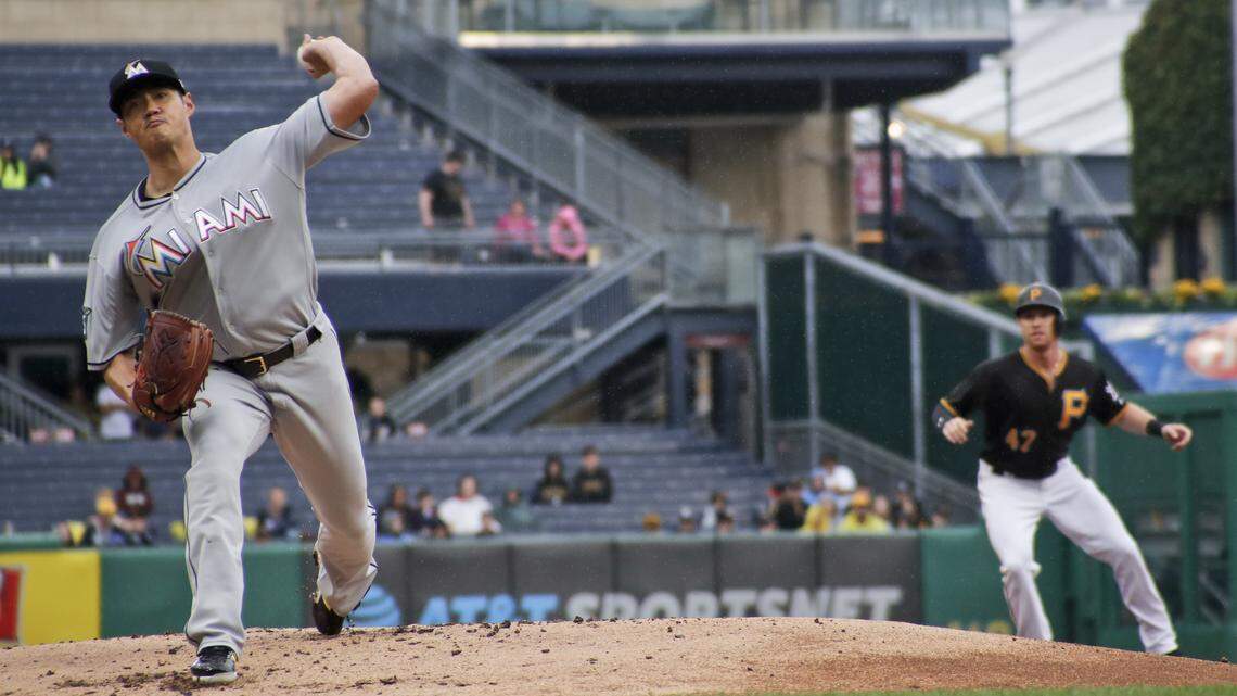 Pittsburgh Pirates’ Jordan Luplow (47) leads off second as Miami Marlins starter Wei-Yin Chen pitches in the first inning of a baseball game, Saturday, Sept. 8, 2018, in Pittsburgh.