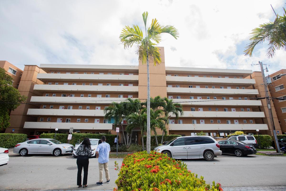 Bayview 60 Homes in North Miami Beach is pictured on April 4, 2022, as residents gathered their belongings after the building was evacuated.
