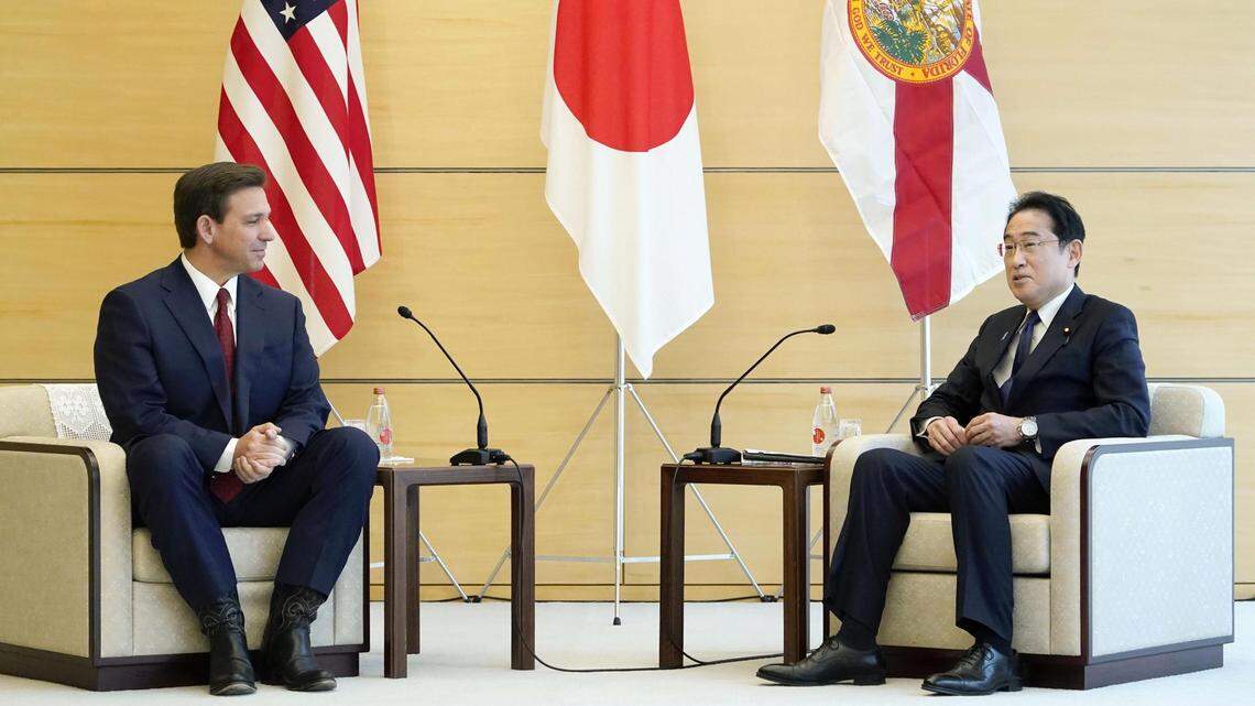 Japanese Prime Minister Fumio Kishida and Florida Gov. Ron DeSantis hold a meeting at the premier’s office in Tokyo on April 24, 2023.