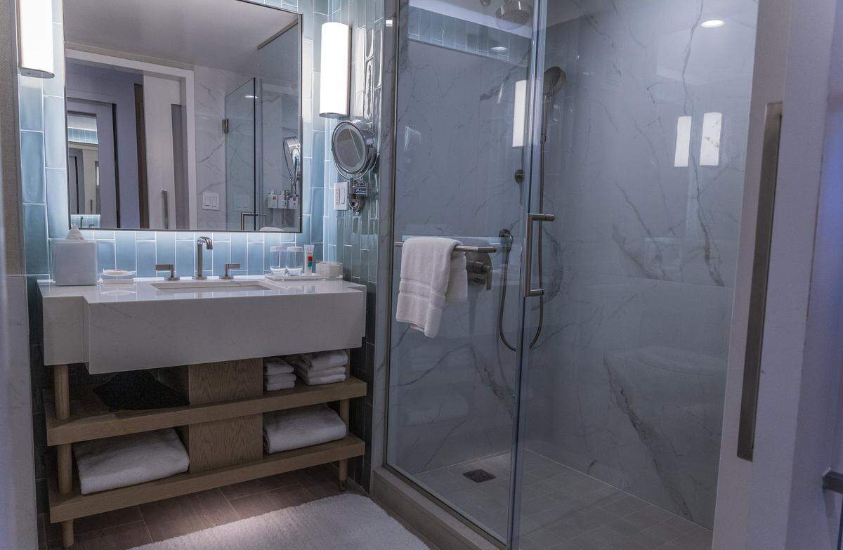 View of a recently upgraded bathroom at a Deluxe City view guest room at the Loews Miami Beach Hotel.  