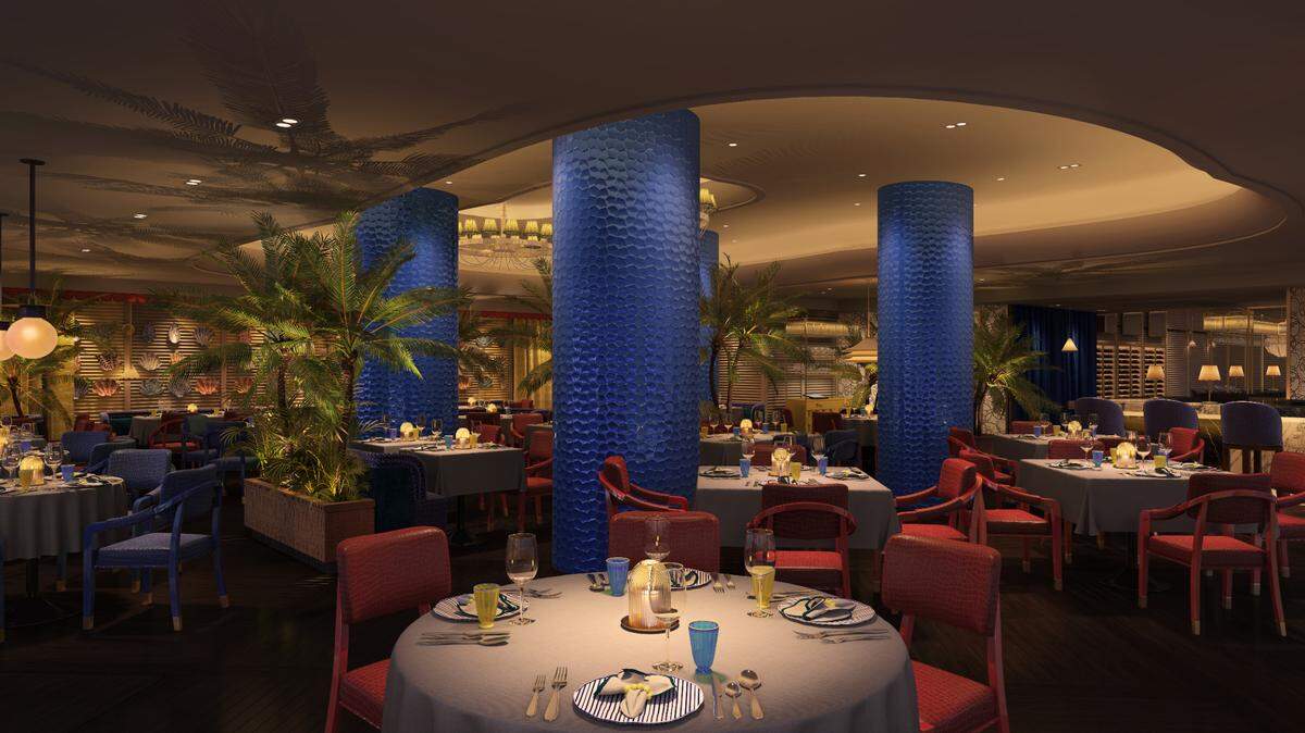 Rendering shows the dramatic blue pillars in the dining room of the new Italian restaurant Mirabella opening at the Fontainebleau Miami Beach.