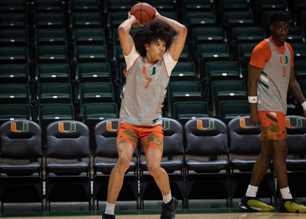 Kyshawn George (7) runs a drill during practice on Monday, Oct. 23, 2023, at the practice facility at Watsco Center in Coral Gables.