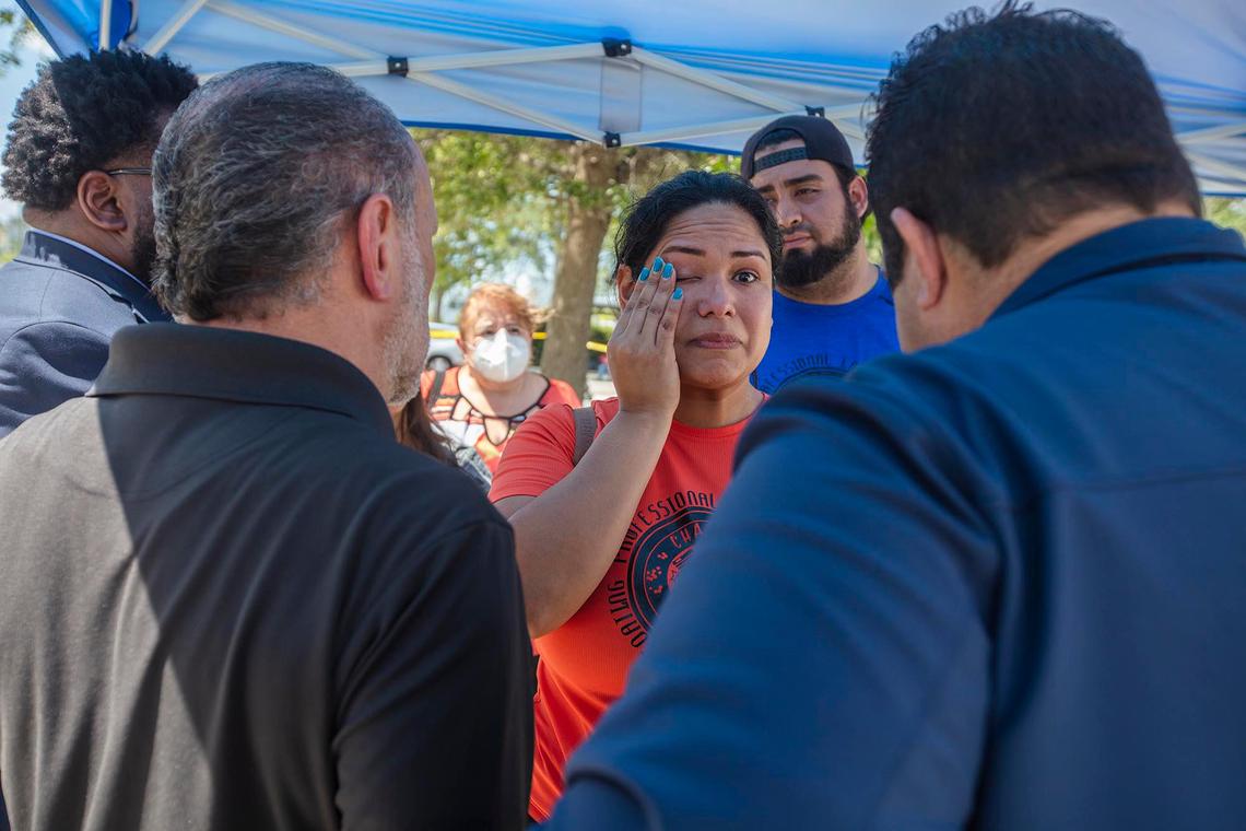 Crestview Towers Condominium resident Ramaxel Gimenez attends a press conference at the condo building in North Miami Beach on Thursday, July 8, 2021, for an update on the building, which was closed and evacuated last week.