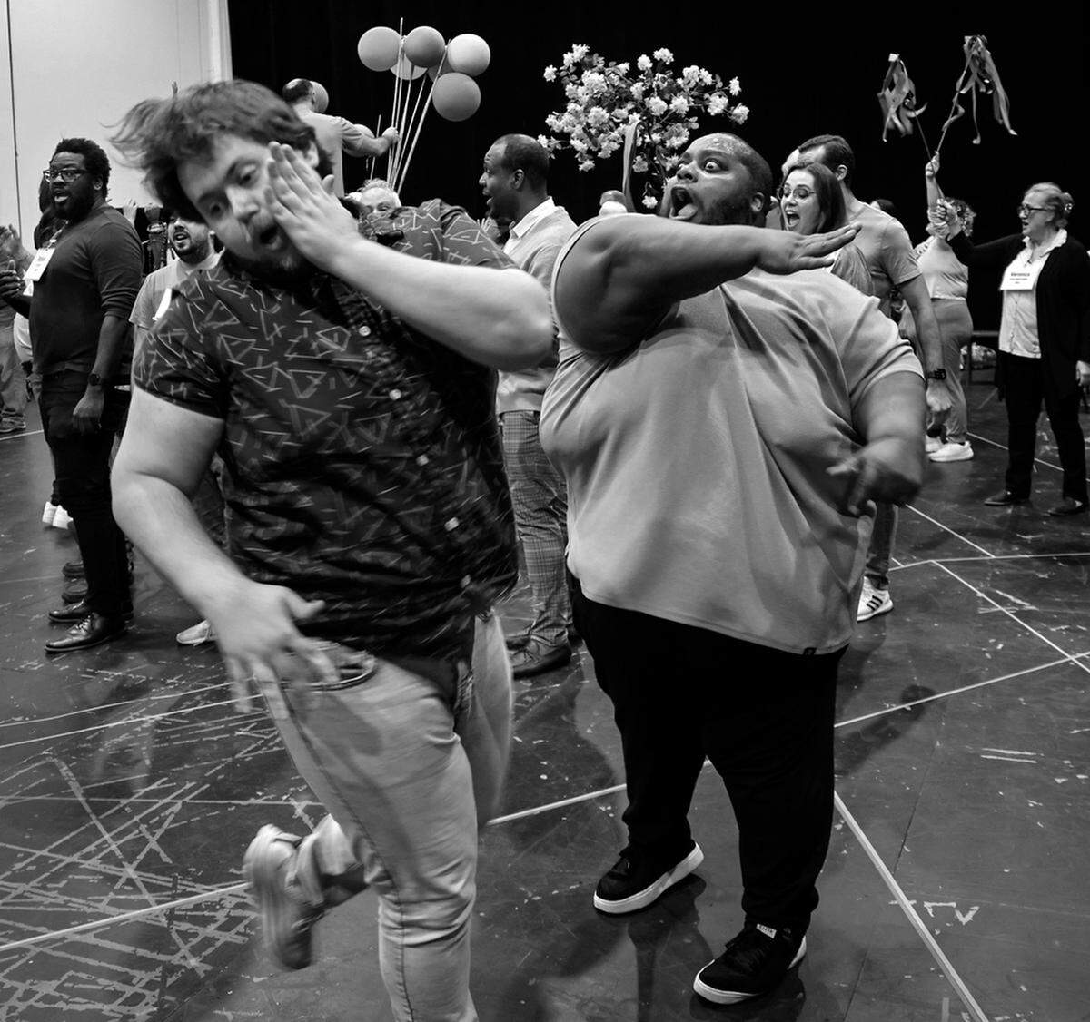 Second year studio artist Joseph McBryer, left, rehearses with Limmie Pulliam, right, a physical scene inside the Balfe Rehearsal Hall on Wednesday, January 10, 2024 in Doral, Florida.