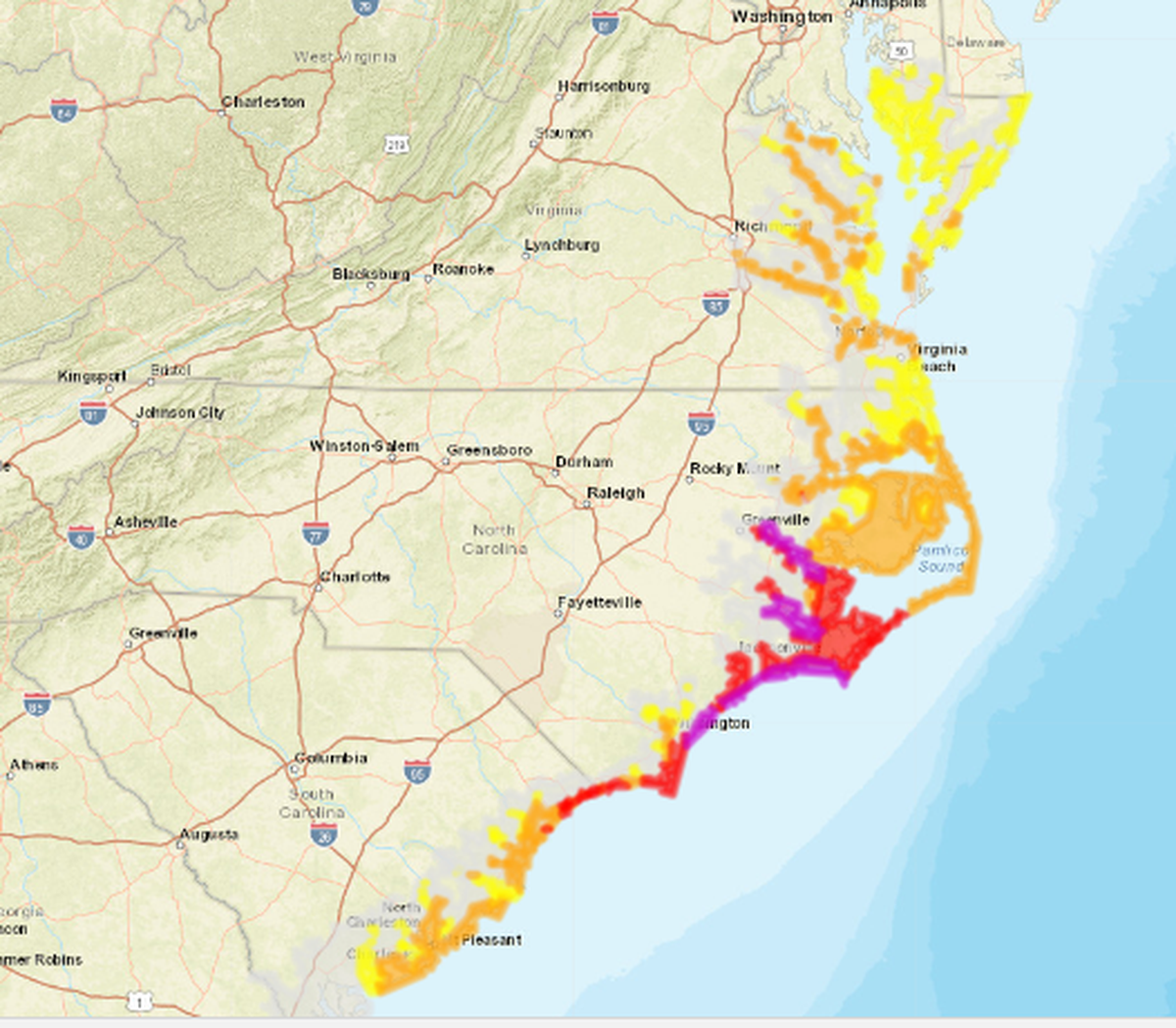Storm surge watches extended across the Carolina and Virginia coasts Tuesday. Areas in pink are expected to get surges nine feet above ground level; red could get more than six feet; orange could see three feet and yellow is forecast for at least one foot. Source: National Weather Service