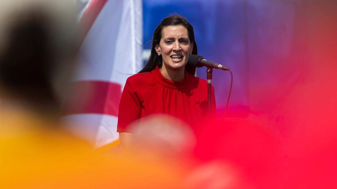 Florida Lieutenant Governor Jeanette Nunez speaks during a Vice President Mike Pence campaign rally near the Cuban Memorial Monument in Tamiami Park on Thursday, October 15, 2020 in Miami, Florida.