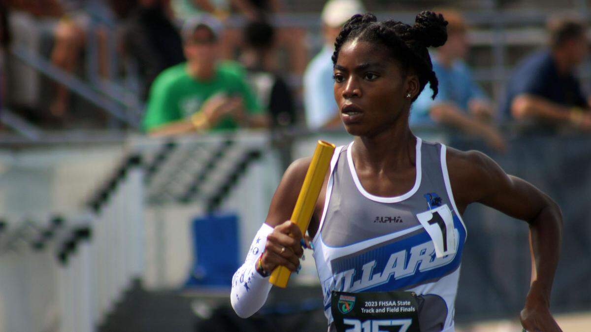 Raquel Edwards of Fort Lauderdale Dillard races in the girls 4x800-meter relay during the FHSAA Class 3A high school track and field championship on May 19, 2023.