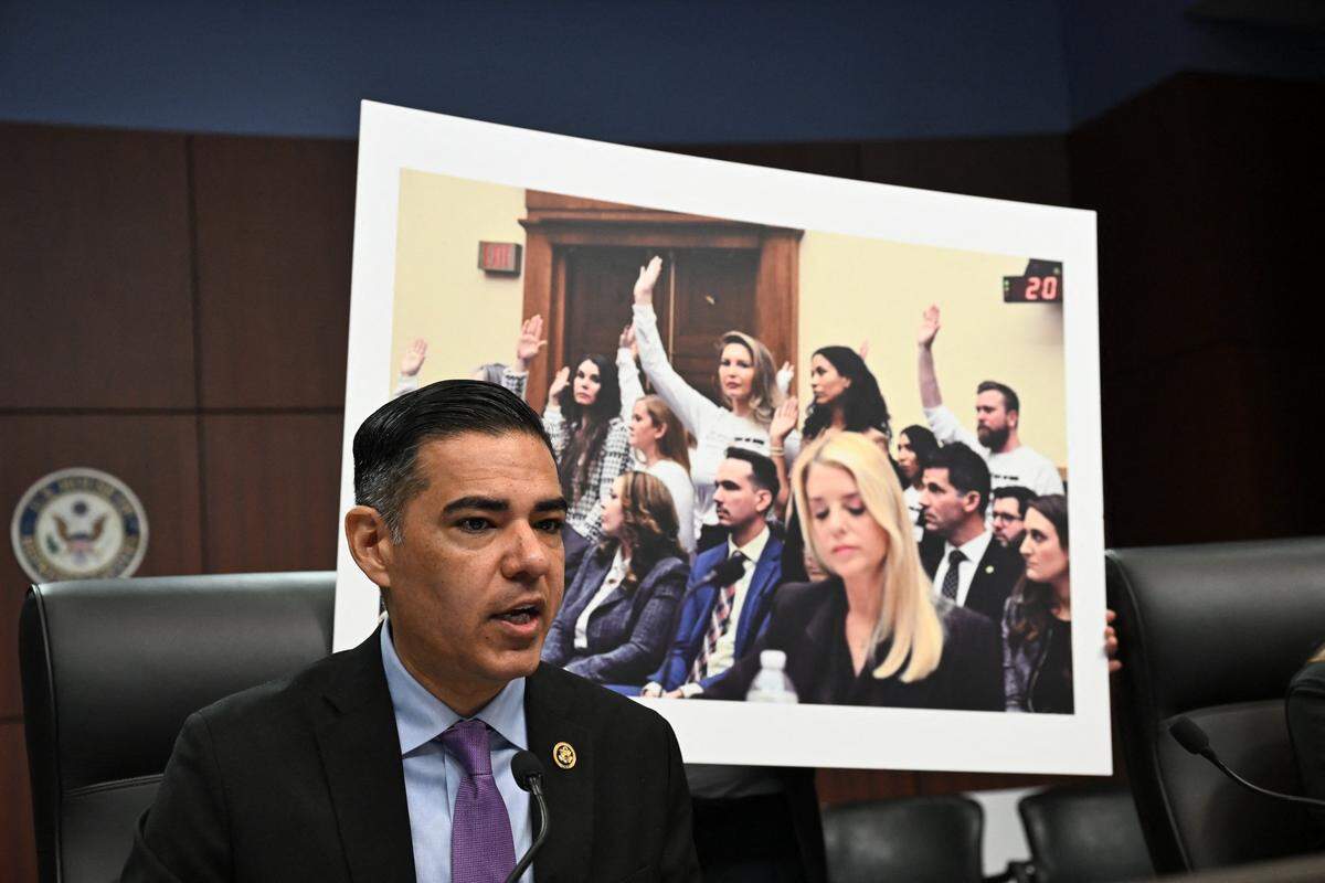 US Representative Robert Garcia (D-CA) speaks during a Democrat-led US House Oversight field hearing on the Epstein investigation in West Palm Beach, Florida, on May 12, 2026.
