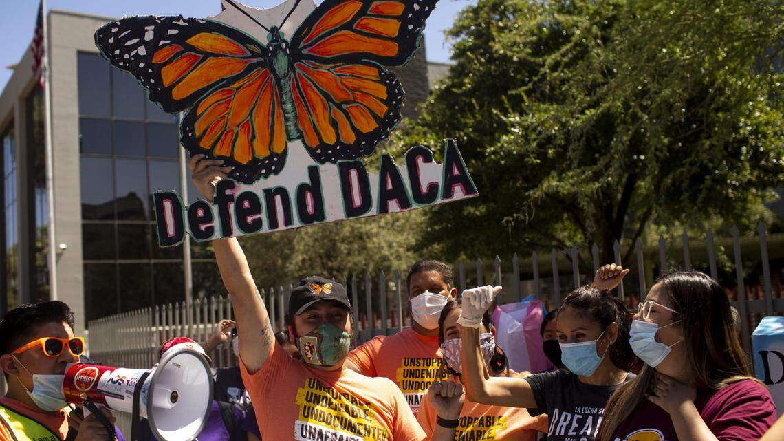 Activists, DACA recipients, and others rally in support of the United States Supreme Court ruling on the Deferred Action for Childhood Arrivals program outside of the U.S. Immigration and Customs Enforcement headquarters in Phoenix, Ariz. on June 18, 2020.