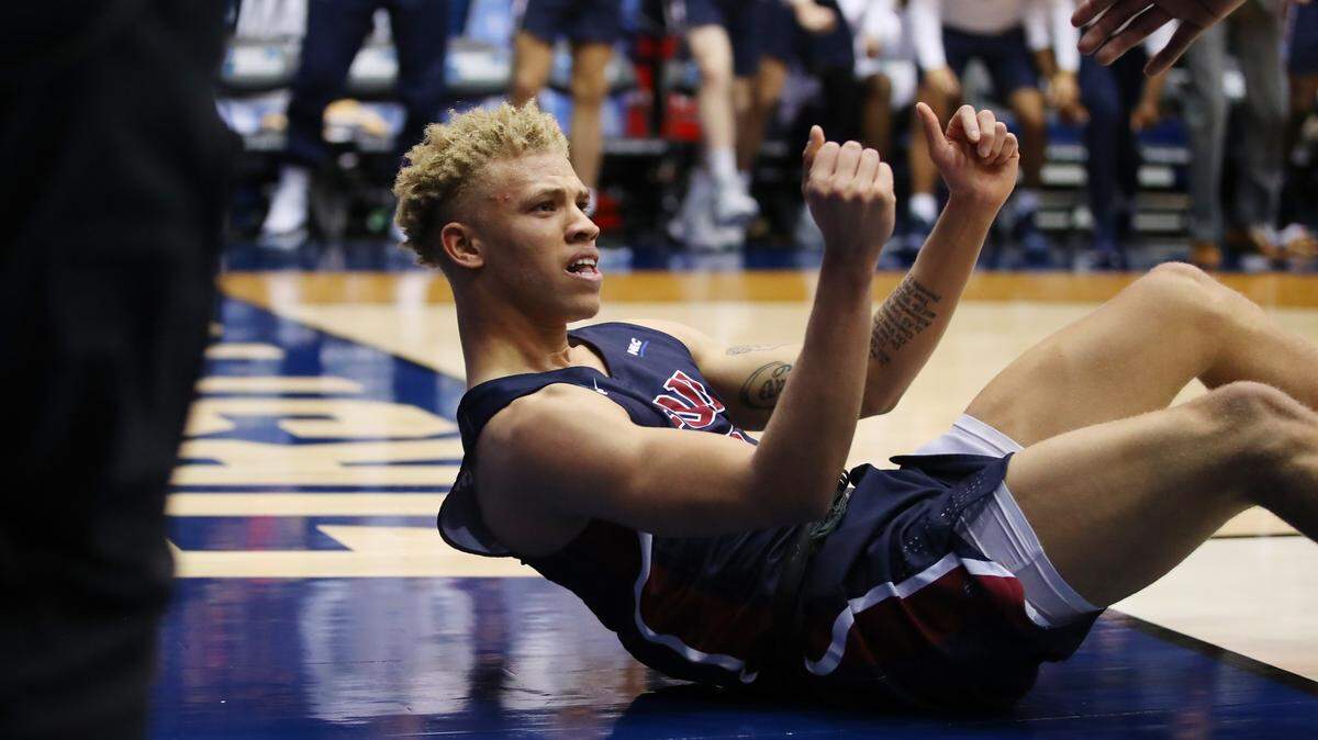 Jahlil Jenkins #3 of the Fairleigh Dickinson Knights reacts during the second half against the Prairie View A&M Panthers in the First Four of the 2019 NCAA Men’s Basketball Tournament at UD Arena on March 19, 2019.