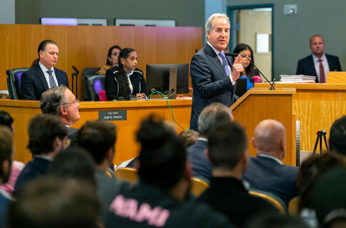 Inter Miami co-owner Jorge Mas speaks during a special meeting at Miami City Hall in Coconut Grove, Florida on Thursday, April 28, 2022. The meeting was held to discuss the Miami Freedom Park proposal.