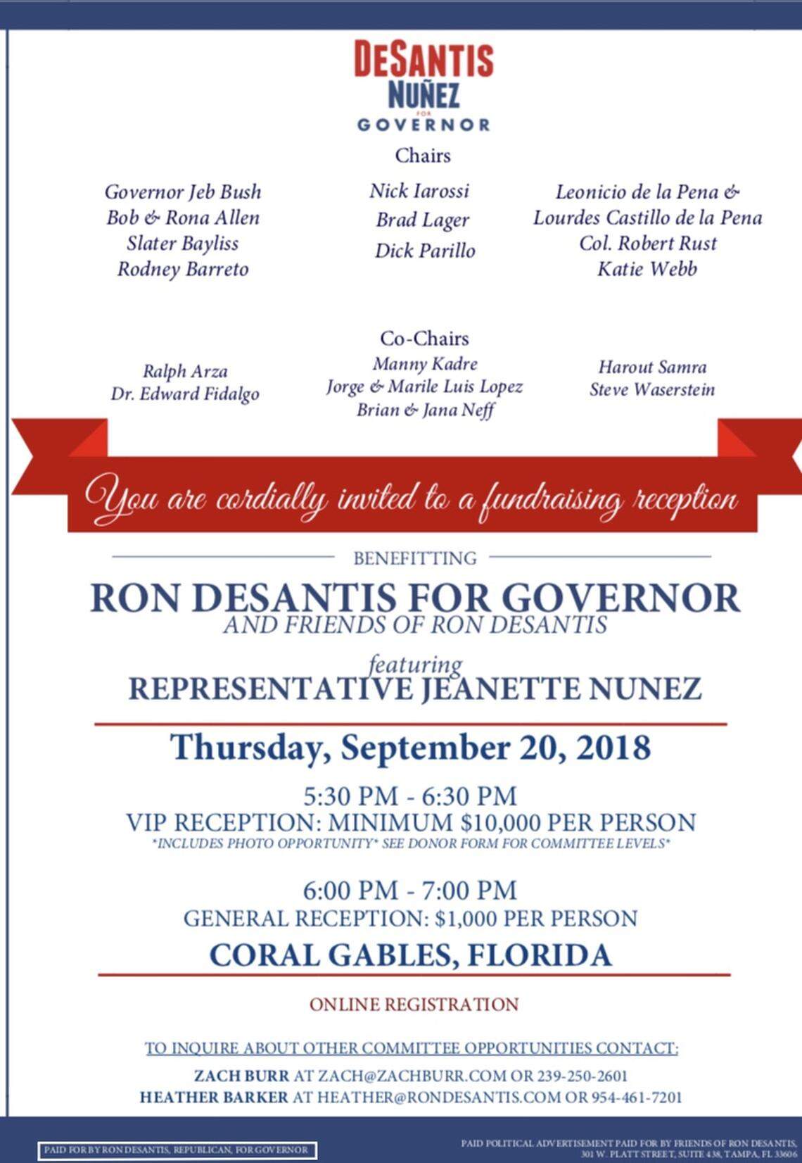 Ron DeSantis’ campaign says this fundraiser invitation, obtained by the Miami Herald, was a draft. Ralph Arza is not a co-host of the event, the campaign says, though all the other named chairs and co-chairs are.