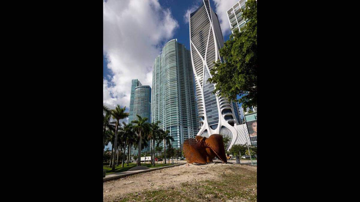 Miami, Florida, Oct. 6 2023 - A sculpture at the site where the 35-foot ficus tree stood in Maurice Ferré Park in downtown Miami. The city cut down the tree in July, saying its roots were a tripping hazard. Upset neighbors dispute that and point to the city not pulling a proper permit for the tree’s removal.
