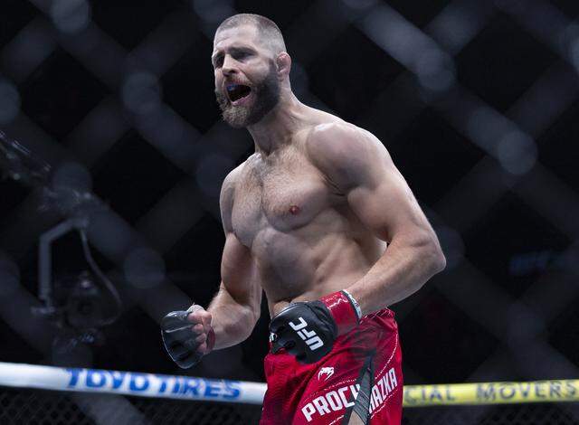 Jiří Procházka of Czechia reacts toward Carlos Ulberg of New Zealand in their light heavyweight title bout at UFC 327 at the Kaseya Center on Saturday, April 11, 2026, in downtown Miami, Fla.