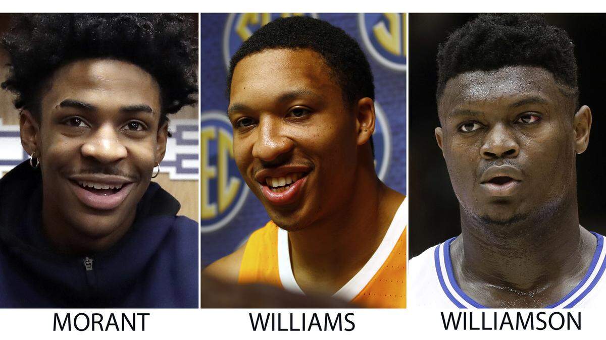These are file photos showing three of The Associated Press All-America NCAA college basketball first team, announced Tuesday, April 2, 2019. From left are: Ja Morant, Murray State; Grant Williams, Tennessee and Zion Williamson, Duke.