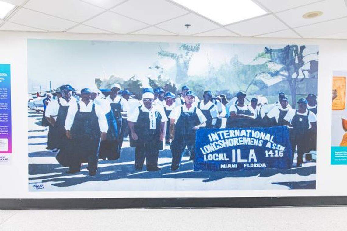 Miami Museum of Contemporary Art of the African Diaspora’s exhibit Telling Overtown Stories, Saying Their Names, will be at the Miami International Airport until October 13. The exhibit highlights Overtown’s 130-year history through a traveling mural exhibit. This mural features International Longshoreman Local 1416, key in helping Black residents in Miami become a part of the middle class.