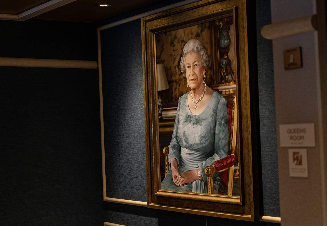 A portrait of Queen Elizabeth by artist Isobel Peachey hanged in the lobby of the Cunard cruise ship Queen Elizabeth as it sits docked at PortMiami on Thursday, Oct. 16, 2025, in Miami. The vessel arrived around 6 a.m. and will be based in Miami for six months, offering voyages to the Caribbean. After tours and festivities, the ship is scheduled to depart later Thursday on its inaugural 12-night Caribbean cruise.