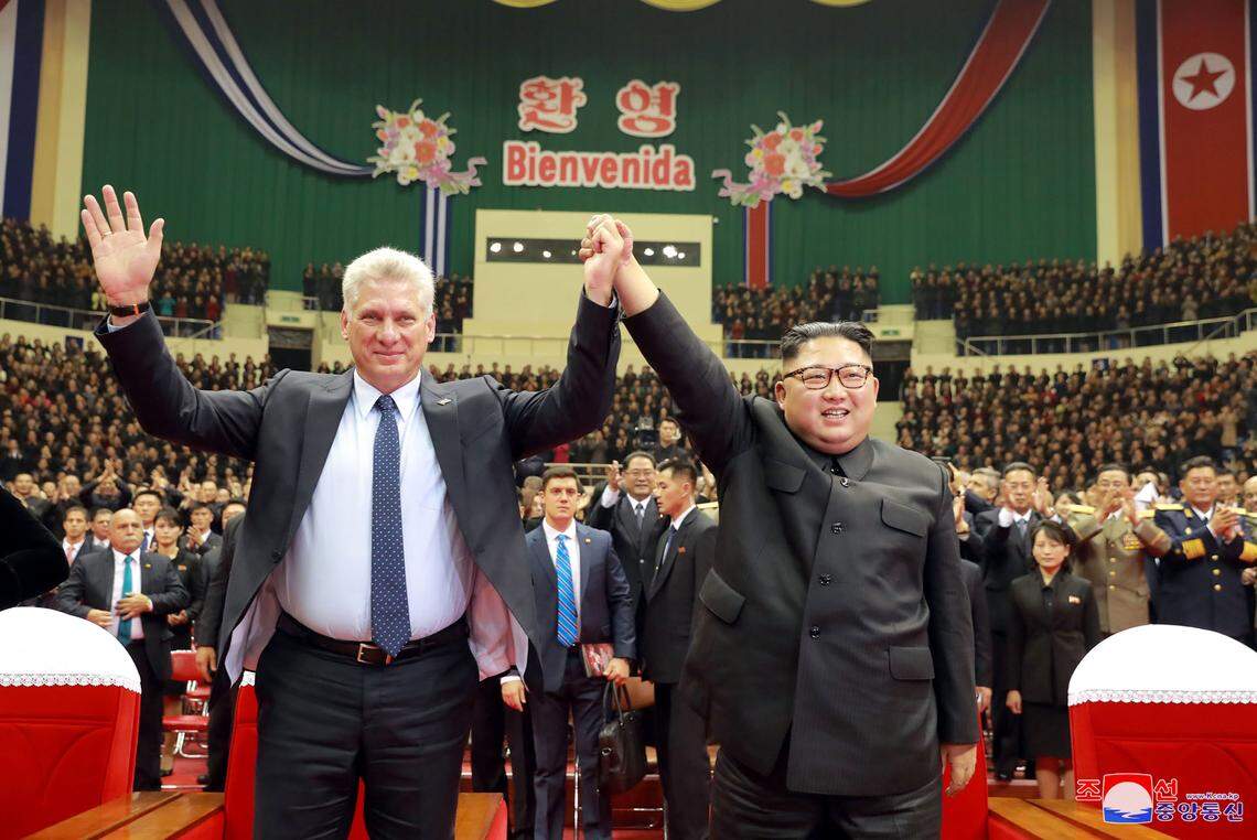 MIguel Díaz-Canel and Kim Jong Un during a visit by the Cuban leader to North Korea in November 2018.