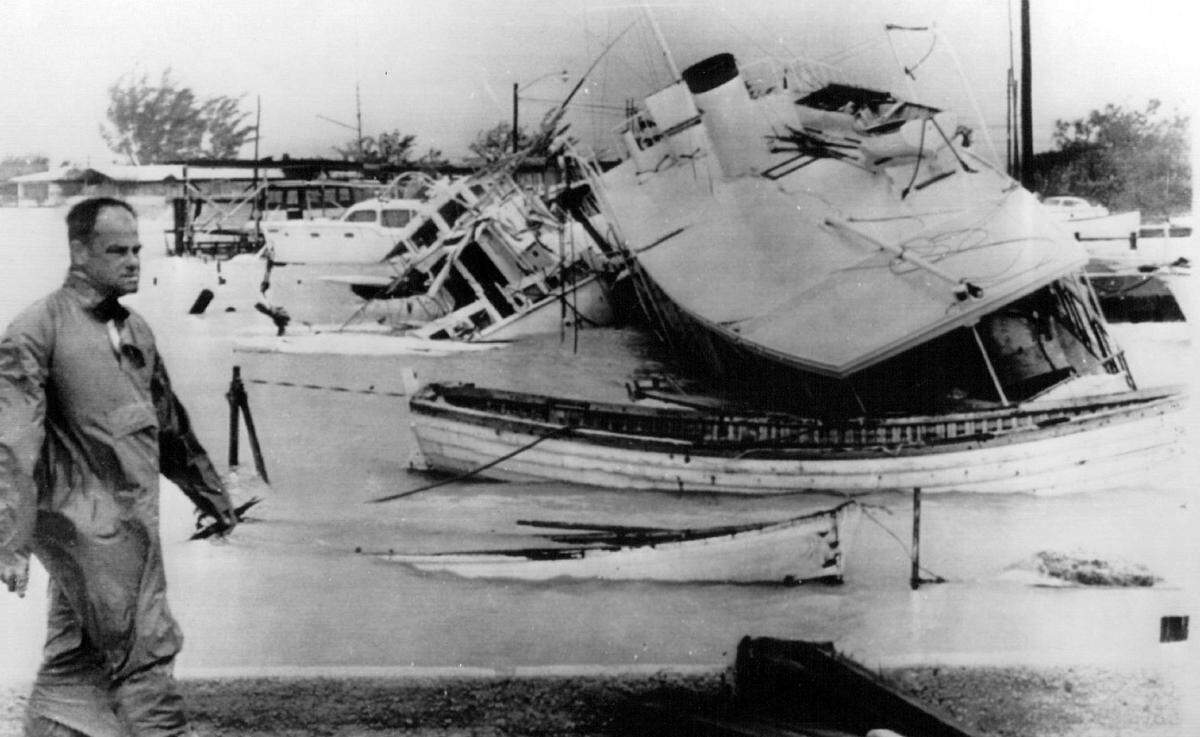 A huge 90-foot pleasure boat and a tug were among these boats sunk in the harbor at Key West Hurricane Betsy roared across the Southernmost City.