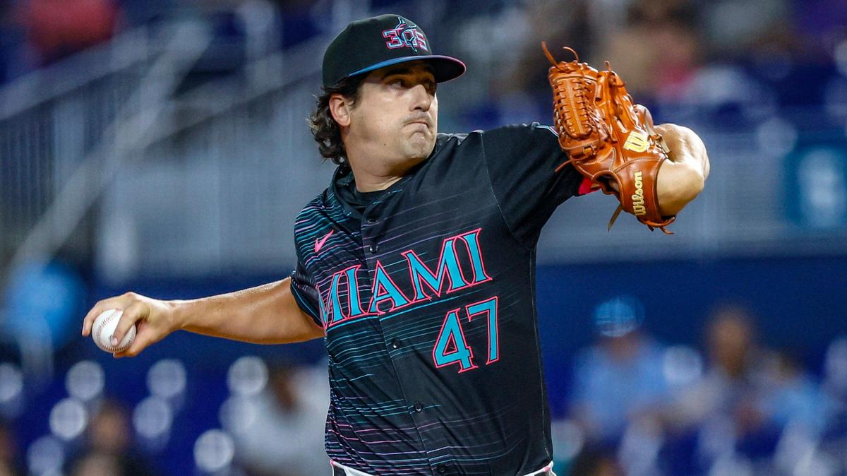 Miami Marlins pitcher Cal Quantrill (47) pitches in the first inning against the Kansas City Royals at loanDepot park in Miami, Florida, on Saturday, July 19, 2025.