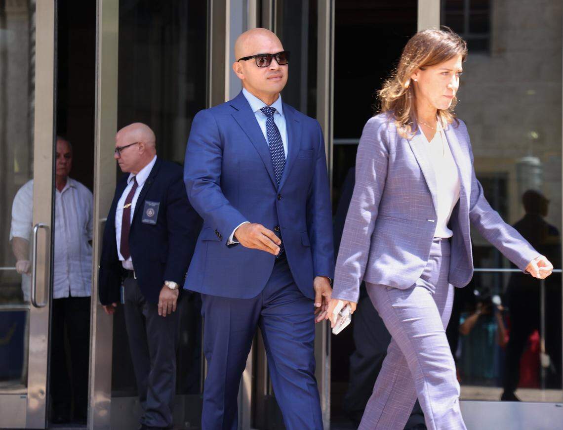 U.S. Navy veteran Walt Nauta who has served as an aide to Donald Trump in the White House and at his Palm Beach estate, and Florida criminal attorney Sasha Dadan and leave at the Wilkie D. Ferguson Jr. U.S. Courthouse after his arraignment, Thursday, July 6, 2023, in Miami.