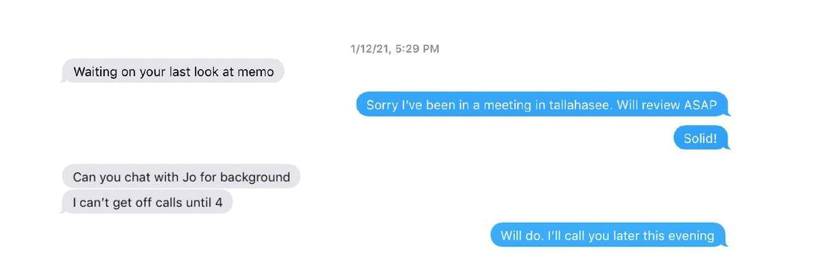 Text messages between Miami-Dade Mayor Daniella Levine Cava (left) and her political consultant Christian Ulvert, right, on Jan. 12, 2021, about a transit memo the mayor was preparing for Commissioner Kionne McGhee.