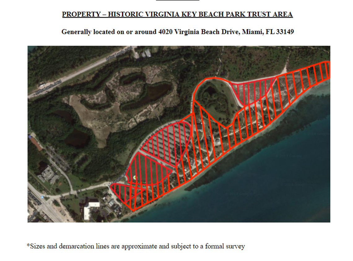 An aerial view of Historic Virginia Key Beach Park, where parts of the 2019 Ultra festival will be held. Tanks where the University of Miami breeds research fish are located just south of the area marked in red.