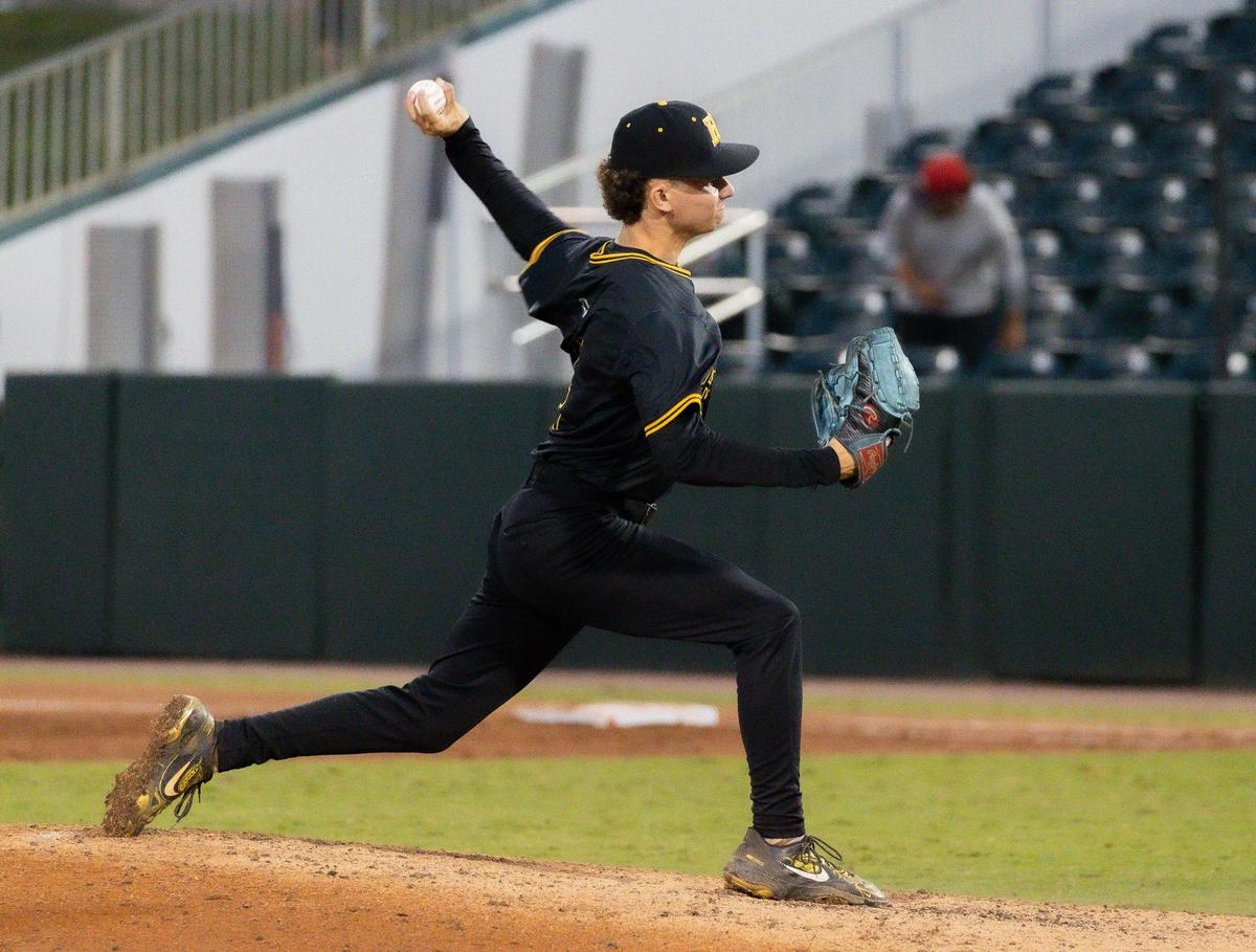 American Heritage Patriots pitcher Mark Aleman (4) pitches the ball against the Mulberry Panthers in the fourth inning of their Class 4A state baseball championship game at Hammond Stadium on Tuesday, May 20, 2025, in Fort Myers, Fla.