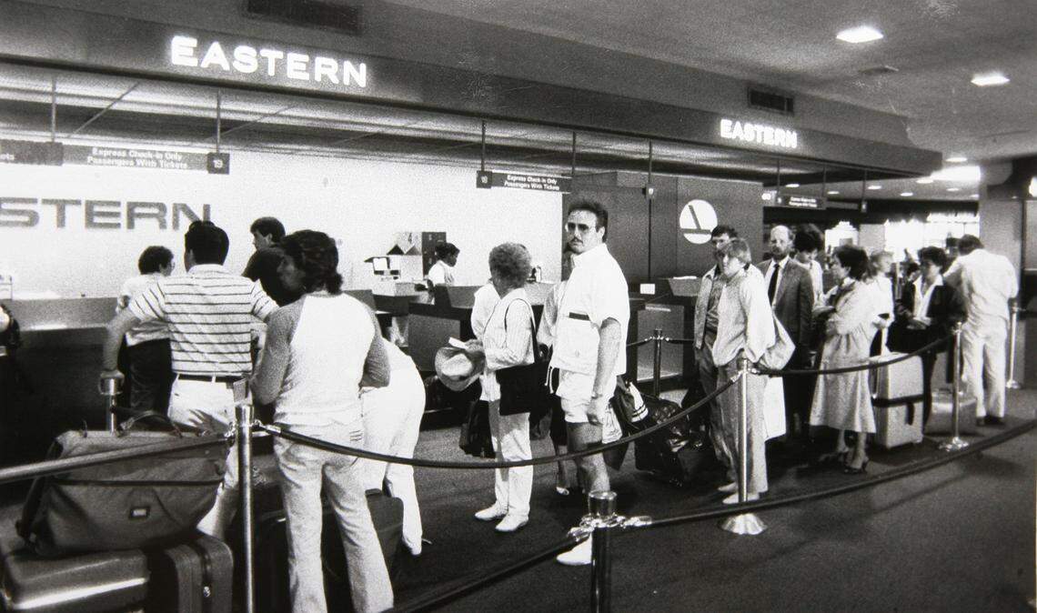 Eastern Airlines passengers lined up to check in for flights in the 1970s.