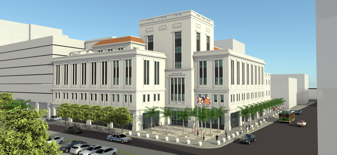 An architectural rendering shows the new Coral Gables fire and police station that’s under construction downtown.