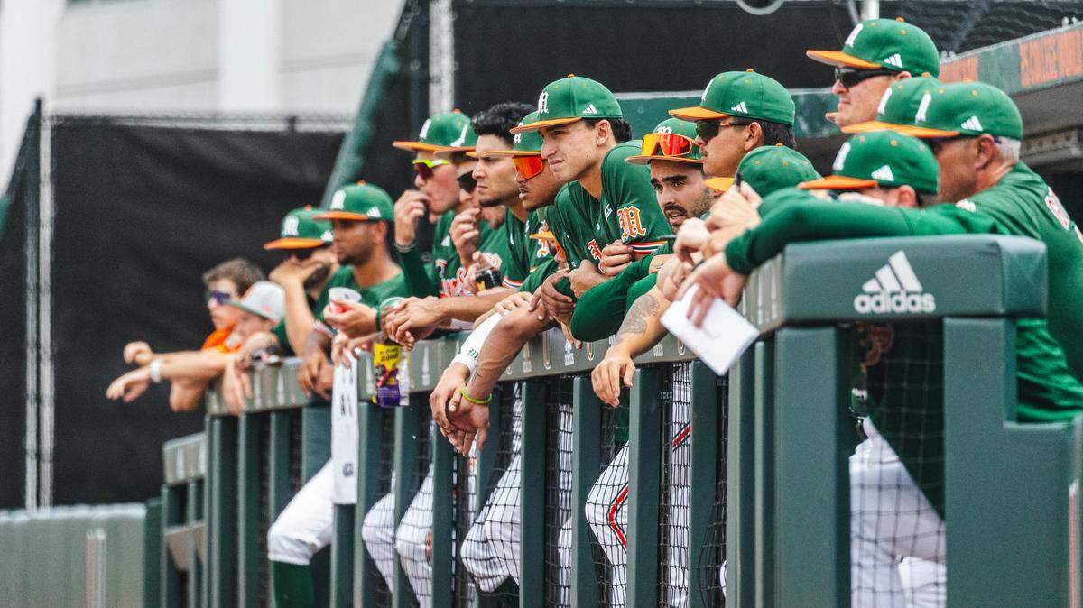 The Miami Hurricanes look on in the early innings of their game against the North Carolina Tar Heels at Mark Light Field on Sunday, March 17, 2024. UNC took an early 4-0 lead.
