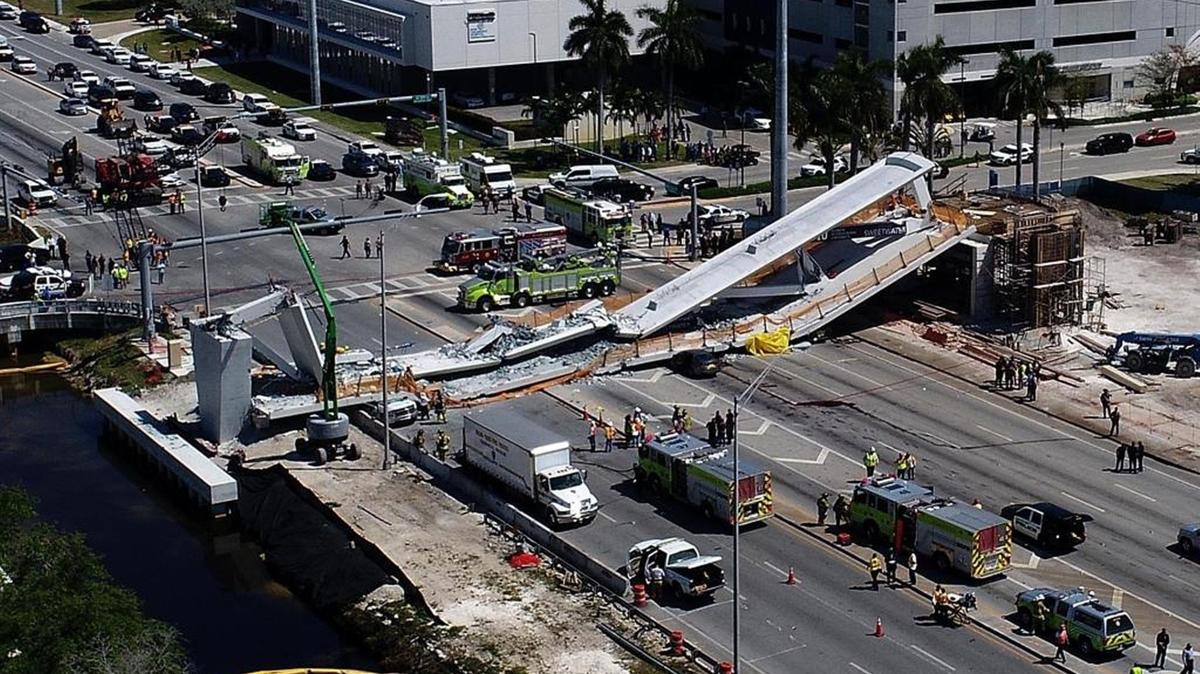 An aerial view of the collapsed FIU pedestrian bridge across Southwest Eighth Street that left six people dead on March 15, 2018. The bridge was under construction when it collapsed.