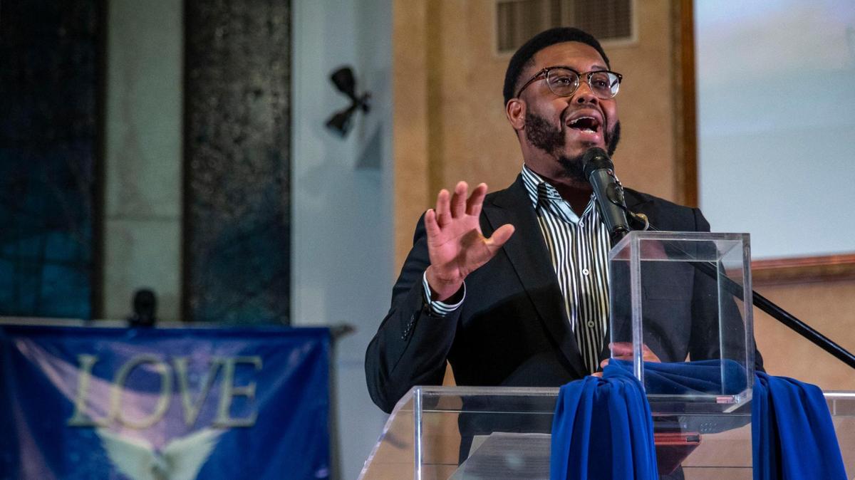 Pastor Alfonso Jackson Jr. of New Shiloh Missionary Baptist Church talks about the importance of Black History month to the congregation during Tuesday Service